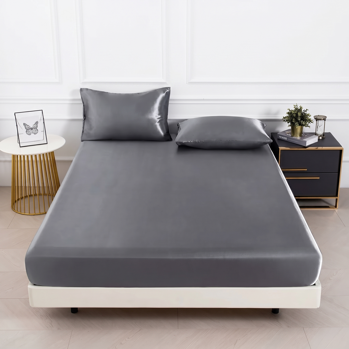 Luxe Satin Fitted Sheet Set - Charcoal Grey